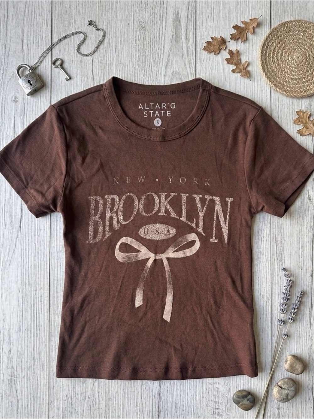 Altar'd State Brown Brooklyn Bow Graphic Tee